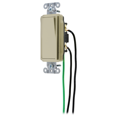 HUBBELL WIRING DEVICE-KELLEMS Spec Grade, Decorator Switches, General Purpose AC, Single Pole, 20A 120/277V AC, Back and Side Wired, Pre-Wired with 8" #12 THHN DSL120I